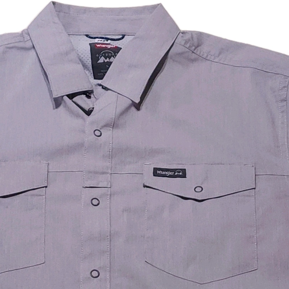 Wrangler Mens Large Gray Snap Button Shirt Short Sleeve Stretch Outdoor